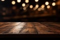 Generative AI illustration of Empty wooden table on room cocktail club with bokeh blurred background