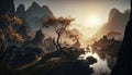 Generative AI illustration epic landscape of Asian landscape inspired mountain range and river flowing through valley during