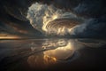 Generative AI illustration epic landscape of nuclear explosion reflected in salt flats at sunset