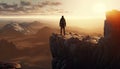 Generative AI illustration epic landscape of single hiker looking across mountian range and plateau during golden hour