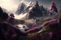 Generative AI illustration epic wilderness landscape of dramatic snowcapped mountain range with wild flowers in foreground