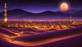 Generative AI illustration of Fairy- tale Arabian night cityscape in desert During ramadan. dreamy arabic Night urban city