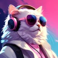 Generative AI Illustration of Fantasy Character with Cat Head in Sunglasses and Headphones - Wearing Cyberpunk Pink Theme Girlish