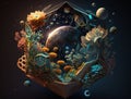 Generative AI illustration of a fantasy world with planets, stars and flowers Royalty Free Stock Photo