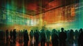 Generative AI illustration featuring a silhouette of a crowd, standing together, scrutinizing a large digital wall display showing