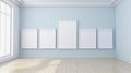 five blank image frames on a light blue wall, generative ai Royalty Free Stock Photo