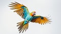 generative ai illustration of a flying blue parrot on white background Royalty Free Stock Photo