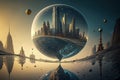 Generative AI illustration of futuristic sci-fi humanoid city on an alien planet with multiple moons and planets above abstract Royalty Free Stock Photo