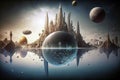 Generative AI illustration of futuristic sci-fi humanoid city on an alien planet with multiple moons and planets above abstract Royalty Free Stock Photo