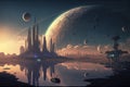 Generative AI illustration of futuristic sci-fi humanoid city on an alien planet with multiple moons and planets above abstract Royalty Free Stock Photo