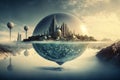 Generative AI illustration of futuristic sci-fi humanoid city on an alien planet with multiple moons and planets above abstract Royalty Free Stock Photo