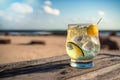 Generative AI. Illustration of a glass with cool cocktail on wooden table on the beach. Sea vacation, bar on a tropical beach Royalty Free Stock Photo