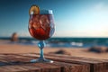 Generative AI. Illustration of a glass with cool cocktail on wooden table on the beach. Sea vacation, bar on a tropical beach Royalty Free Stock Photo