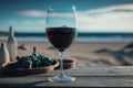 Generative AI. Illustration of a glass with red wine on wooden table on the beach. Sea vacation, bar on a tropical beach Royalty Free Stock Photo