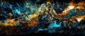 Generative AI illustration in gold and black ink and for an abstract blue marble background. Horizontal, panoramic Royalty Free Stock Photo