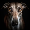 Generative AI illustration of a greyhound dog with hazel eyes looking at camera against dark background