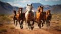 Generative ai illustration of Group of horses running gallop in natural environment