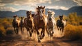 Generative ai illustration of Group of horses running gallop in natural environment