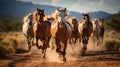 Generative ai illustration of Group of horses running gallop in natural environment