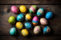 Generative AI illustration of hand painted Easter eggs on vintage wooden tabletop