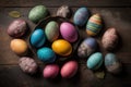 Generative AI illustration of hand painted Easter eggs on vintage wooden background