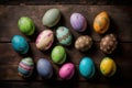 Generative AI illustration of hand painted Easter eggs on vintage wooden background