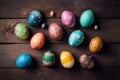 Generative AI illustration of hand painted Easter eggs on wooden vintage table background