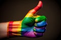 A hand with raised thumb making the OK symbol painted with the colors of the gay or lgbtq flag