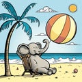 Generative AI illustration of happy elephant playing with ball on beach Royalty Free Stock Photo