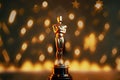 AI generated golden award statue replica at bokeh garland lights background