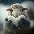 Generative AI image of human hands with snow heart against sheep