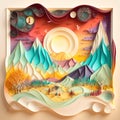 Generative AI illustration image of stunning beautiful paper cut quilling craft landscape scene with colorful pastel soft colors