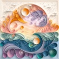 Generative AI illustration image of stunning beautiful paper cut quilling craft landscape scene with colorful pastel soft colors