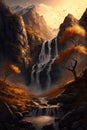 Generative AI illustration image of stunning high waterfall cascading down mountian in stunning valley landscape during golden