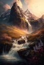 Generative AI illustration image of stunning high waterfall cascading down mountian in stunning valley landscape during golden