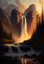 Generative AI illustration image of stunning high waterfall cascading down mountian in stunning valley landscape during golden