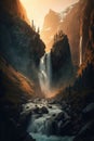 Generative AI illustration image of stunning high waterfall cascading down mountian in stunning valley landscape during golden