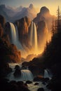 Generative AI illustration image of stunning high waterfall cascading down mountian in stunning valley landscape during golden