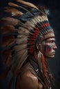 Generative AI. Illustration of an indian chief, wearing headress, wise eyes, majestic lighting, majestic pose Royalty Free Stock Photo