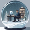 Generative AI illustration of an individual sitting at a desk inside a snow glob