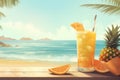 Generative AI illustration of a lemonade summer fruit juice into a tropical beach resort Royalty Free Stock Photo