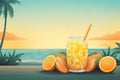 Generative AI illustration of a lemonade summer fruit juice into a tropical beach resort Royalty Free Stock Photo