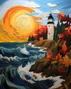 Generative ai illustration of lighthouse at sunset fiber art Royalty Free Stock Photo