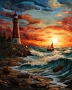 Generative ai illustration of lighthouse at sunset fiber art Royalty Free Stock Photo