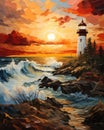 Generative ai illustration of lighthouse at sunset fiber art Royalty Free Stock Photo