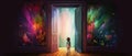 colorful room with a young child looking to a strange landcape, generative ai