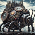 Generative AI illustration of a mechanical steampunk mobile house in the shape of a beetle.