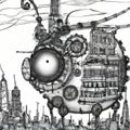Generative AI illustration of a mechanical steampunk mobile house in the shape of a beetle.
