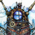 Generative AI illustration of a mechanical steampunk mobile house in the shape of a beetle.