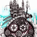 Generative AI illustration of a mechanical steampunk mobile house in the shape of a beetle.